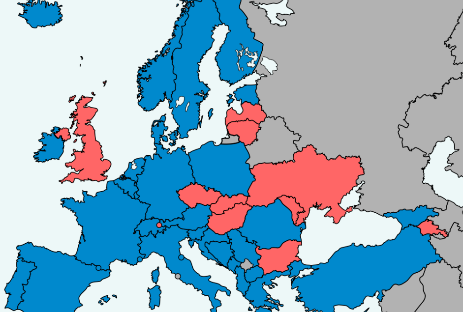Синій колір - країни Європи, що ратифікували Стамбульську конвенцію. Червоний - ті, що не ратифікували