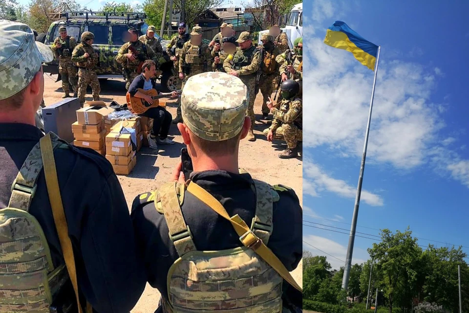 На фото Святослав Вакарчук исполняет песню для украинских защитников