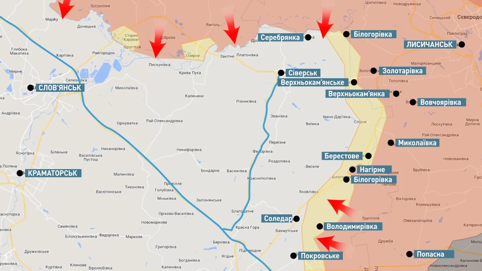 карта бойових дій Крматорськ Слов'янськ Лисичанськ 6.07.22 Згурець