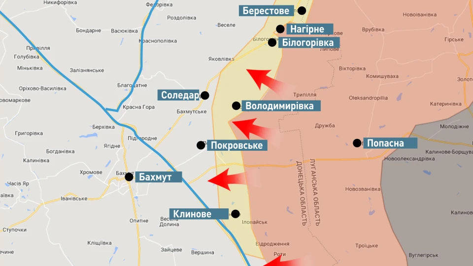 карта бойових дій Бахмут Соледар Попасна 6.07.22 Згурець