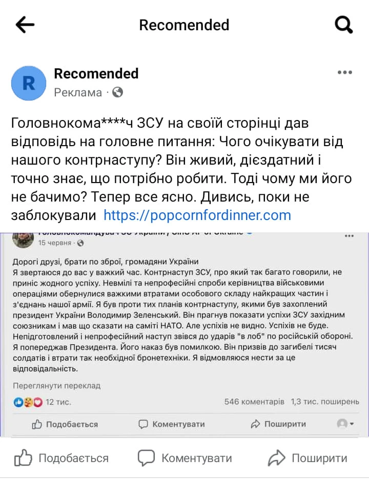 Рекламне ІПСО про Залужного у Facebook