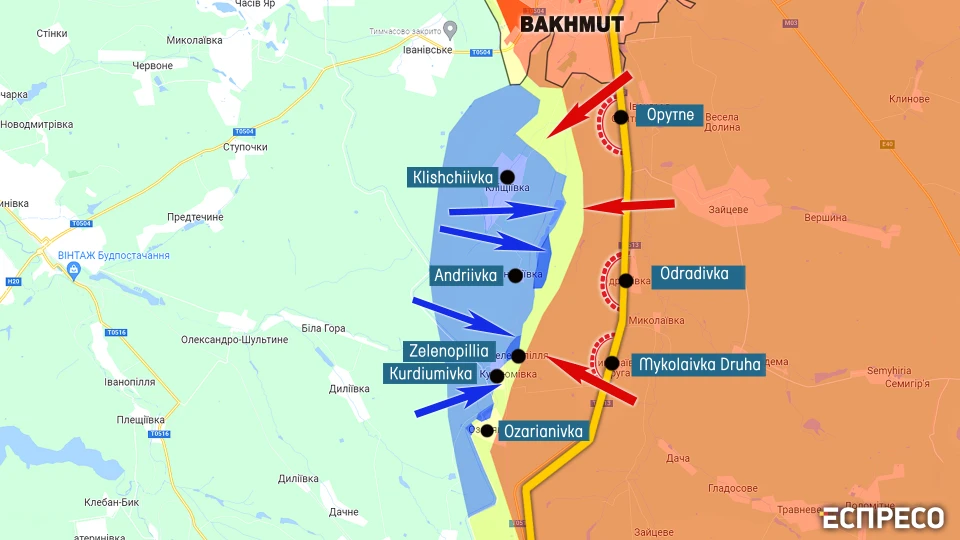 map of fighting near Bakhmut