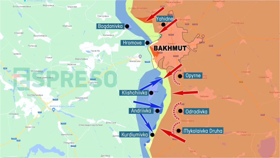 Map of fighting near Bakhmut