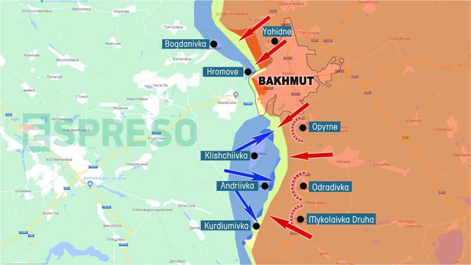 Map of fighting near Bakhmut