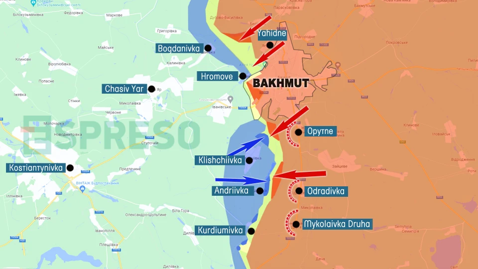 map of fighting near Bakhmut