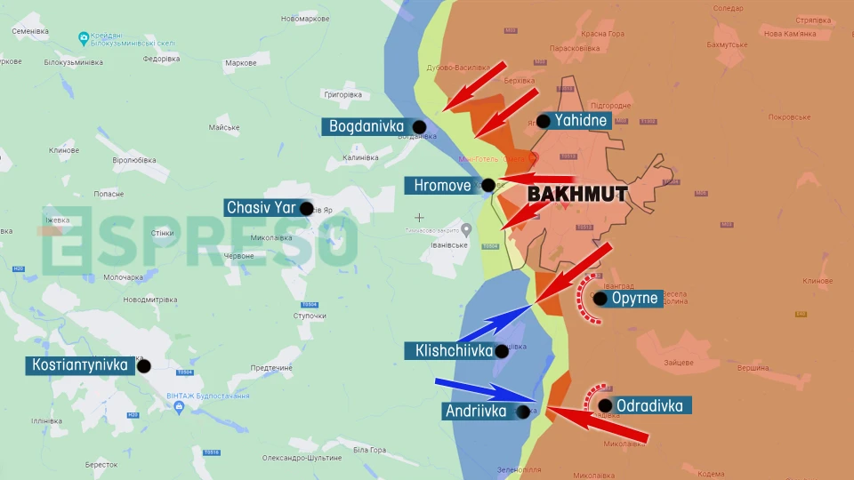 Map of fighting near Bakhmut