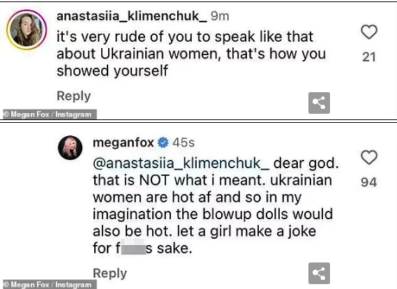 На фото: Меган Фокс розкритикували за підпис про "українську надувну ляльку"