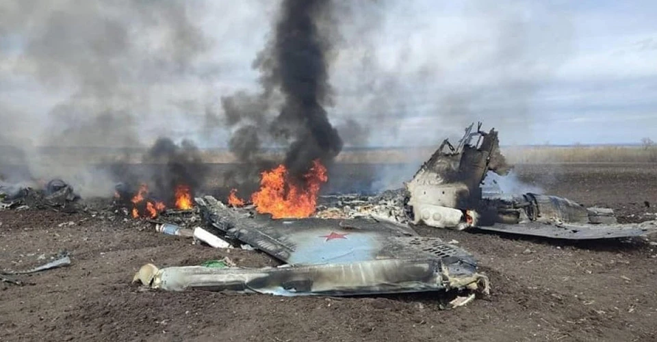 The wreckage of a Su-35S fighter jet shot down by the Ukrainian Armed Forces in Kharkiv region