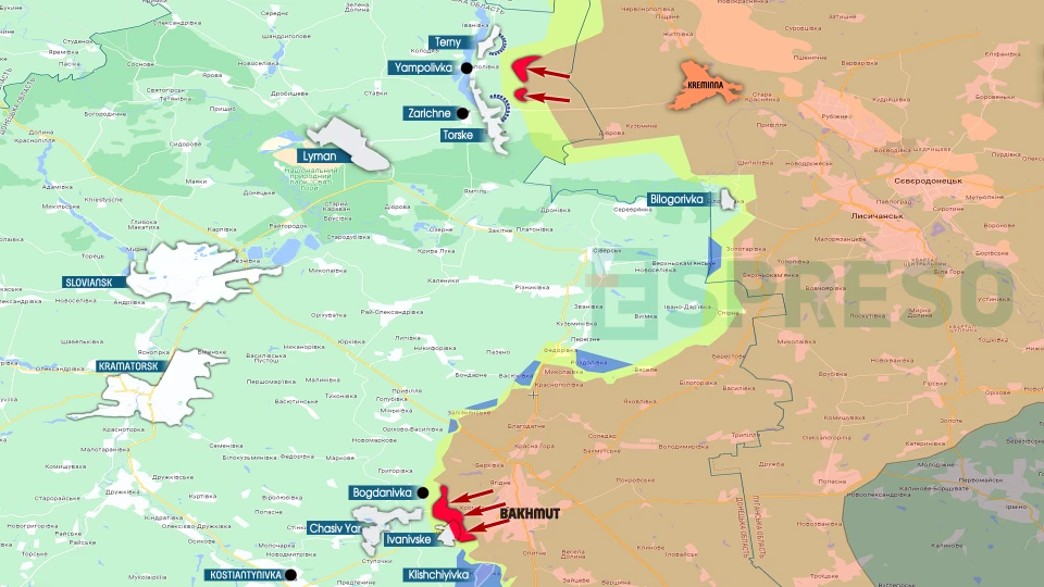 map of fighting in Terny-Bakhmut sector