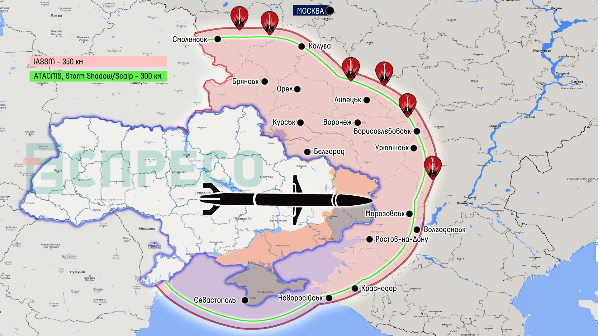 карта можливої досяжності українських ударів на території РФ