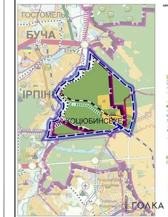 Скрін з документу Коцюбинської ради, де зображена карта, на якій територія Біличанського лісу включена у межі селища