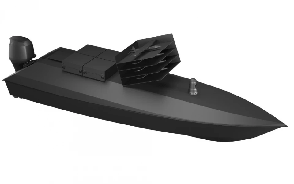 3D model of the Katran X1 with FPV drones in the rear of the hull and Osa drones in the launcher in the center of the hull