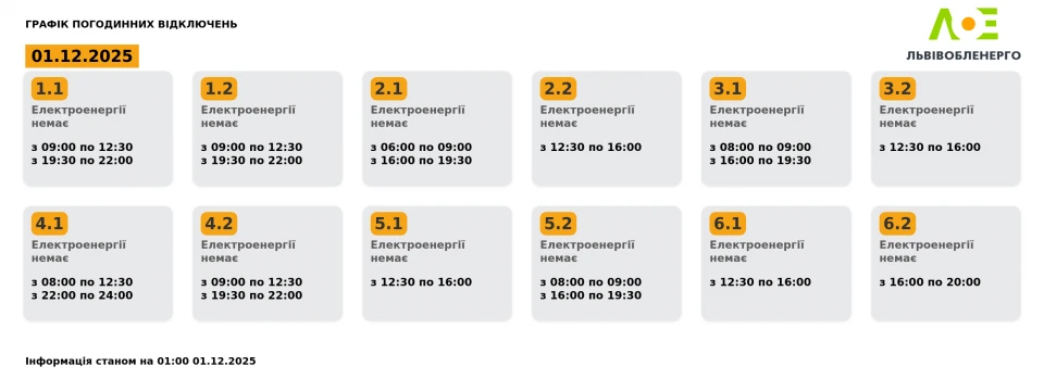 Львівобленерго оновило графіки вимкнення електрики 1 грудня
