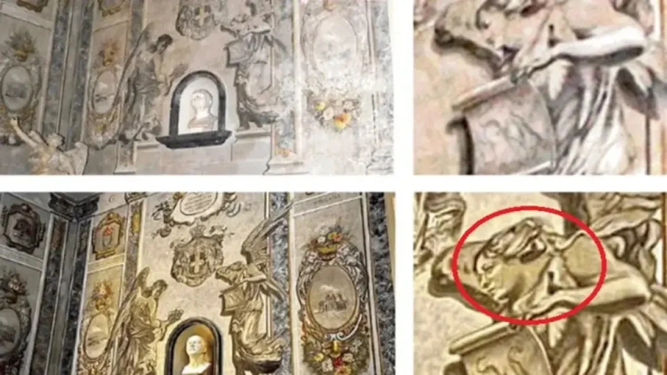 Крилатий херувим (праворуч), намальований у каплиці базиліки Сан-Лоренцо-ін-Лучина, який нагадує Джорджію Мелоні