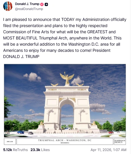 Адміністрація Трампа презентувала проєкт 76-метрової тріумфальної арки. Її хочуть звести у Вашингтоні