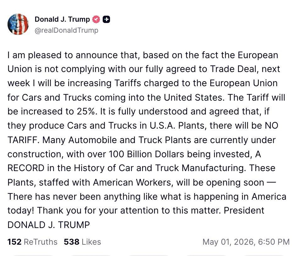 Трамп підвищить американські тарифи на автомобілі з ЄС до 25%