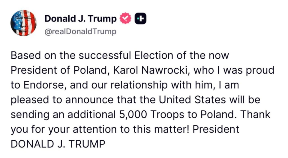 Трамп заявив, що США відправляють до Польщі 5 тис. військових