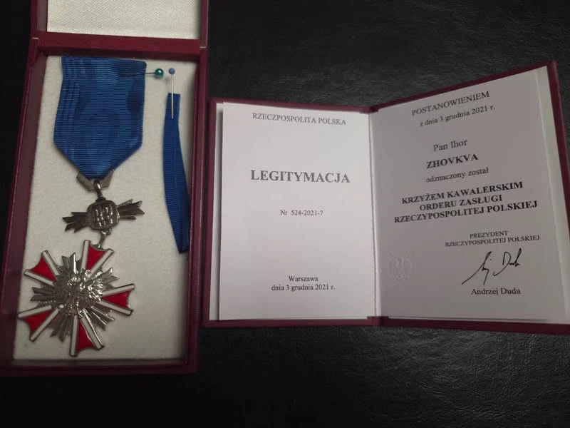 Кавалерський хрест Ордена Заслуг Республіки Польща, вручений Ігорю Жовкві